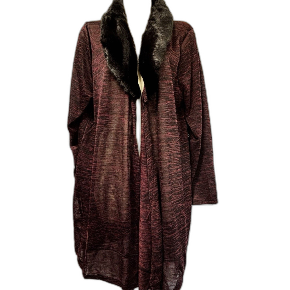French Laundry 2X Maroon Open Front Cardigan Faux Fur Shawl Collar NWT
